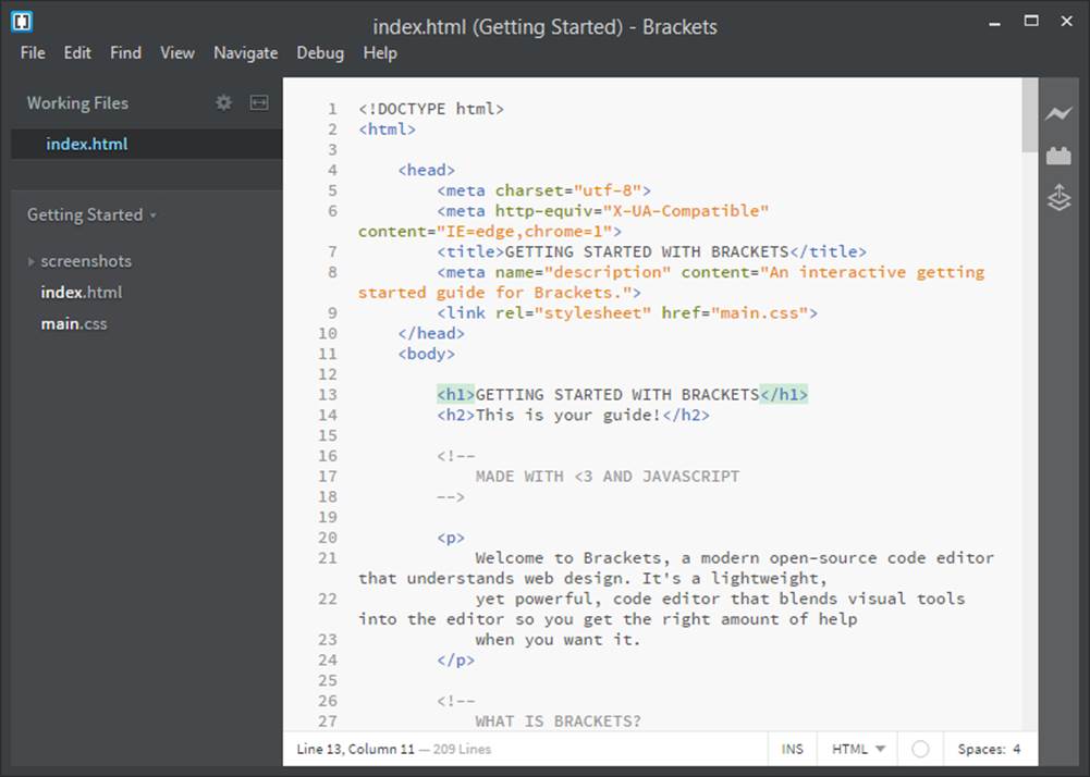 The first time you start Brackets, it displays a sample file named index.html that tells you a bit about the program