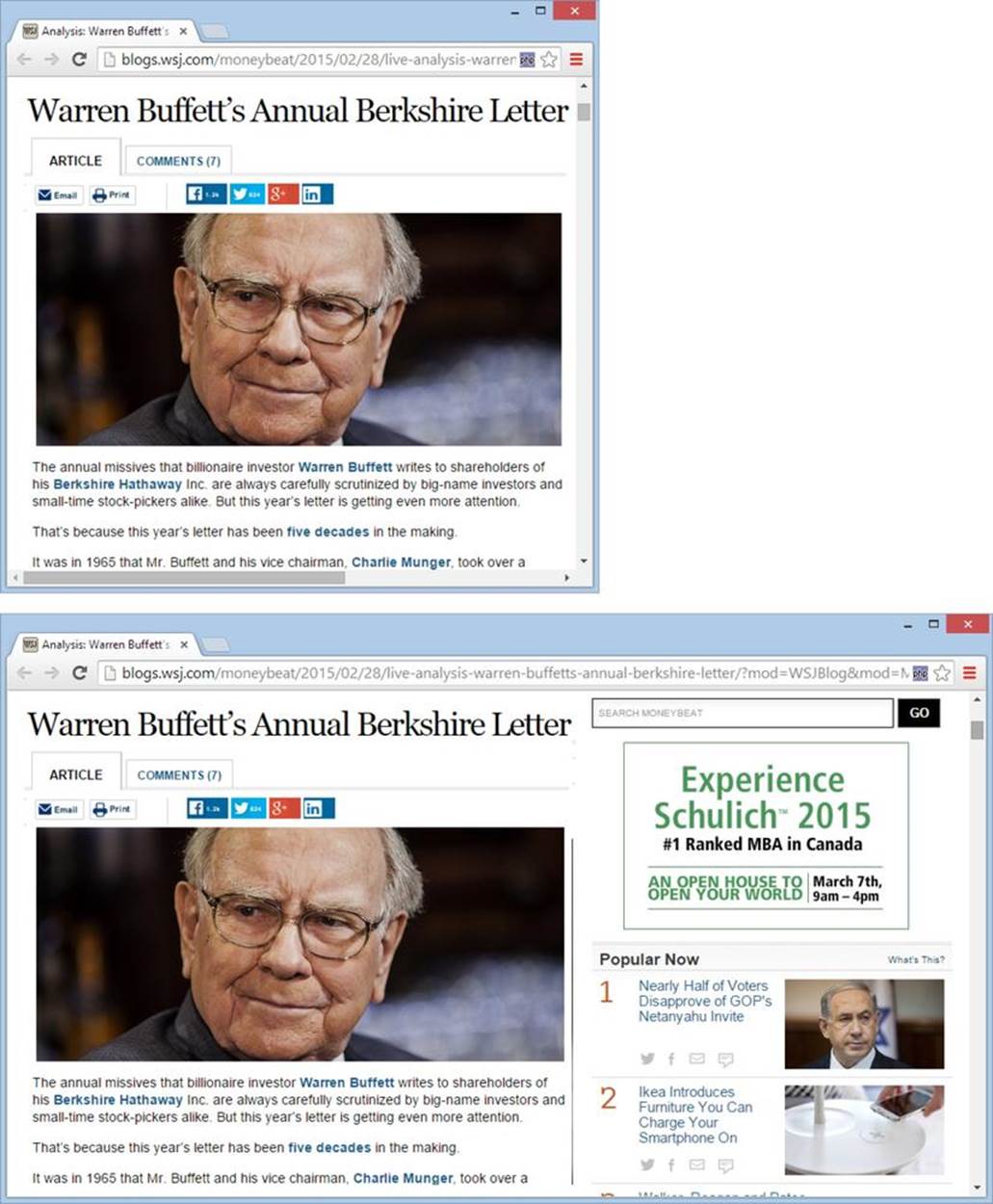 Top: To read the text of this article without scrolling side to side, you need a window that’s around 600 pixels wide. Just about every computer screen can accommodate that.Bottom: Widen the window to about 1,000 pixels and you see frills like videos, ads, a search box, and a list of popular articles. If you make the window any wider, all you’ll get is extra blank space