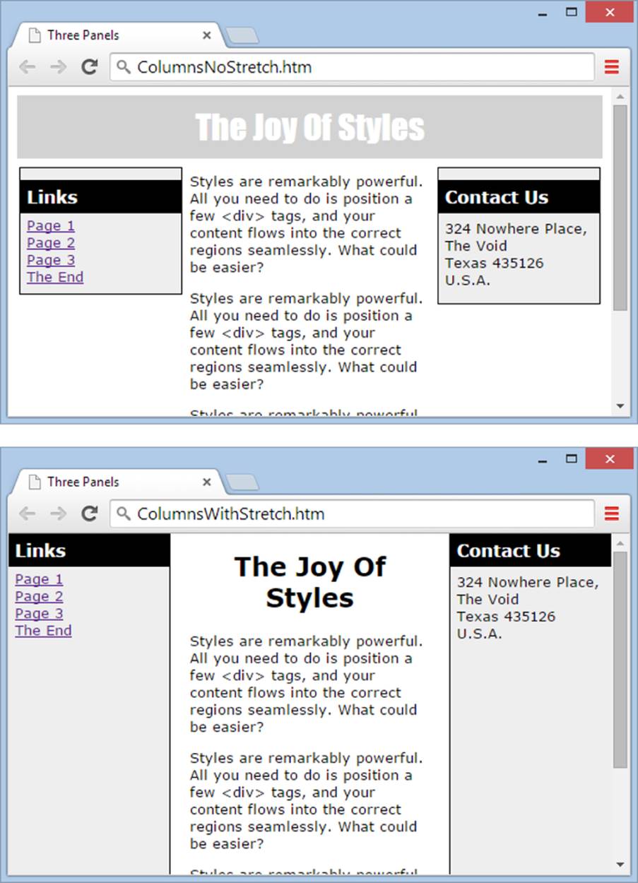 Top: This three-panel layout includes a few refinements, like fine-tuned borders, fonts, and background colors.Bottom: A variation of the same design sets the height of the side panels to 100 percent, so they always fill up a browser window