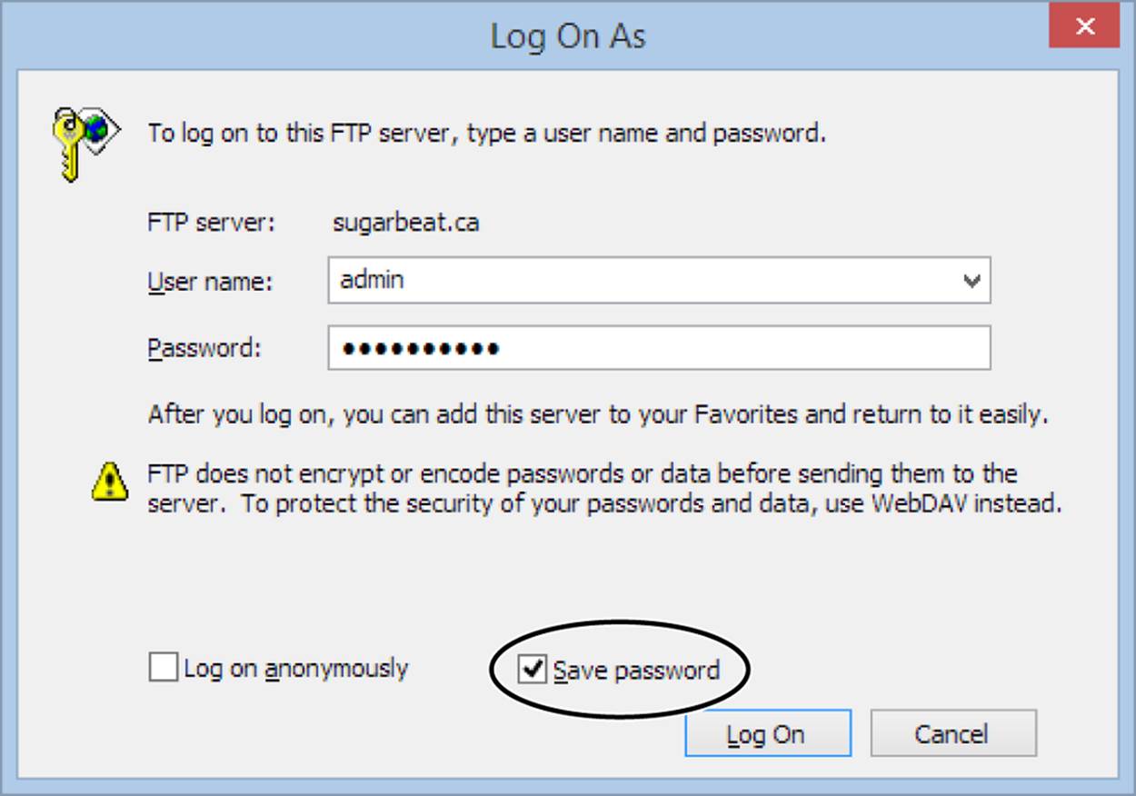 When you first type in an FTP address, Windows Explorer may try to log you in anonymously and fail. It may then prompt you for your user ID and password (as shown here), or it may display an error message. If you get an error message, click OK and then right-click the file display area (on the right), and choose Login As. If you turn on the “Save password” checkbox (circled), you don’t need to repeat this process on subsequent visits