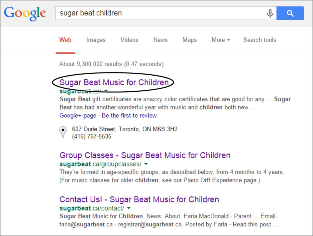 Ever wondered where the information you see in search listings comes from? The link in this example (“Sugar Beat Music for Children”) is the title of the target page, as set in the <title> element