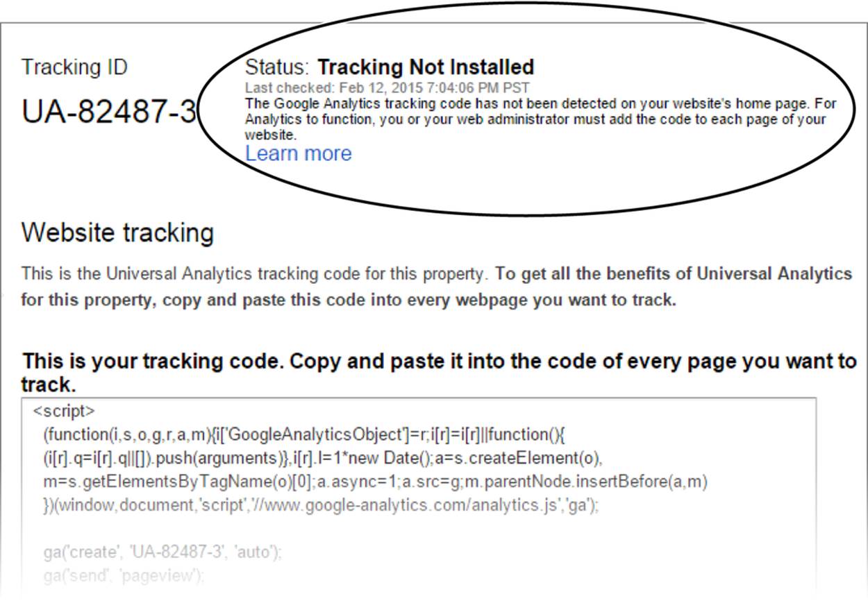 “Tracking Not Installed” means the Google Analytics code isn’t running on your pages. Perhaps you forgot to copy the JavaScript code, put it in the wrong spot, left part of it out, or somehow introduced a mistake