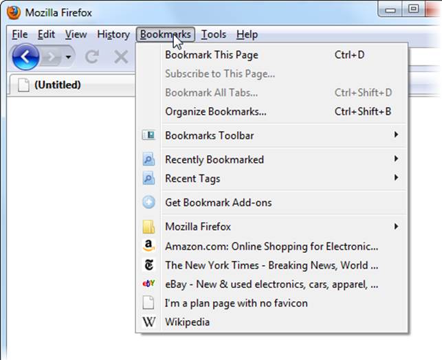 This Bookmarks menu shows the customized favicons for Amazon, the New York Times, eBay, and Wikipedia