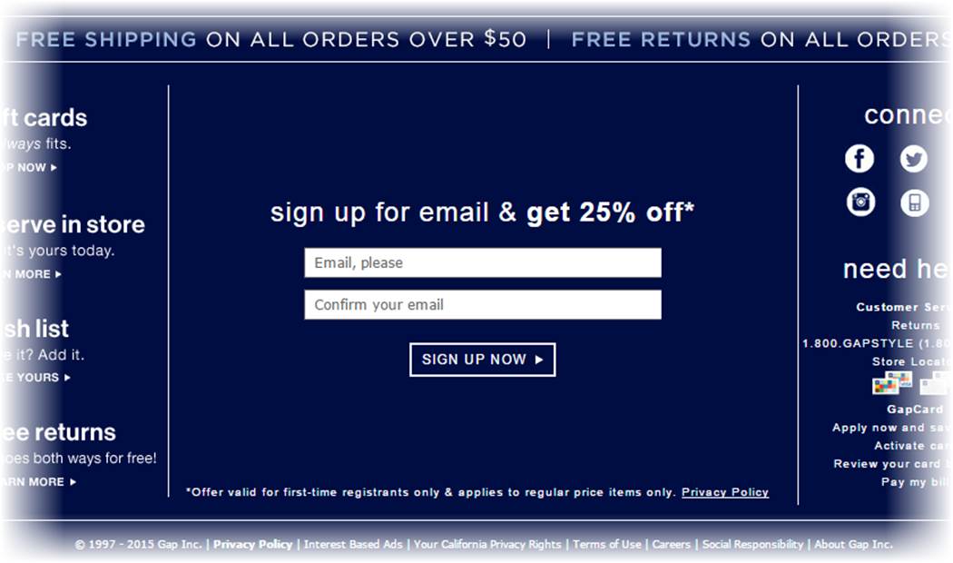 Fashion retailers usually put a newsletter sign-up link on the front page of their sites. Here, a coupon offer encourages spur-of-the-moment sign-ups