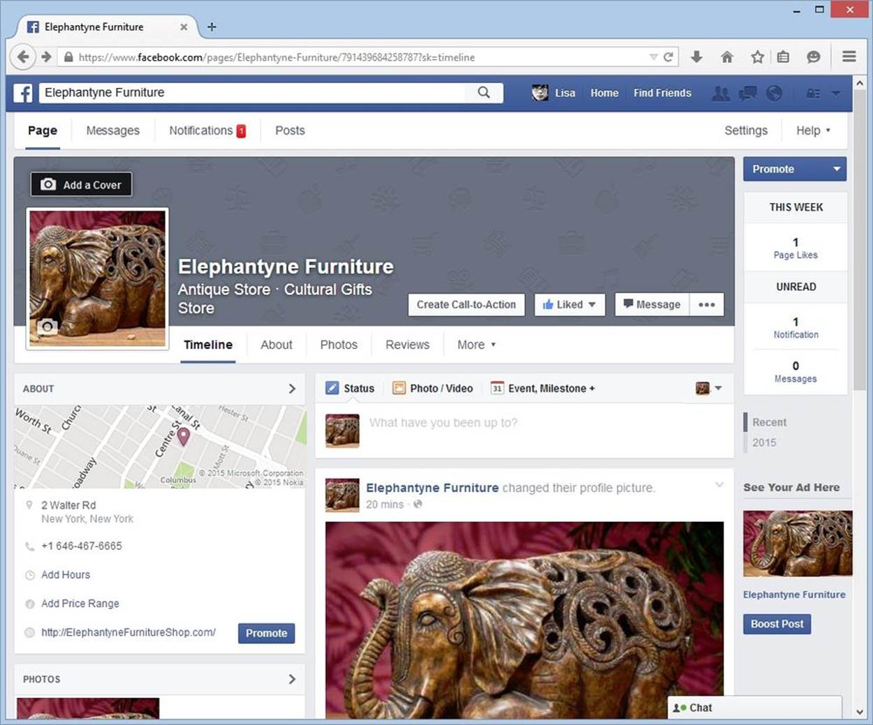 Here’s the freshly created Elephantyne Furniture page. It includes a timeline where you can add posts, the store’s contact information, a map, a tiled view of pictures, and a count of the Page’s likes