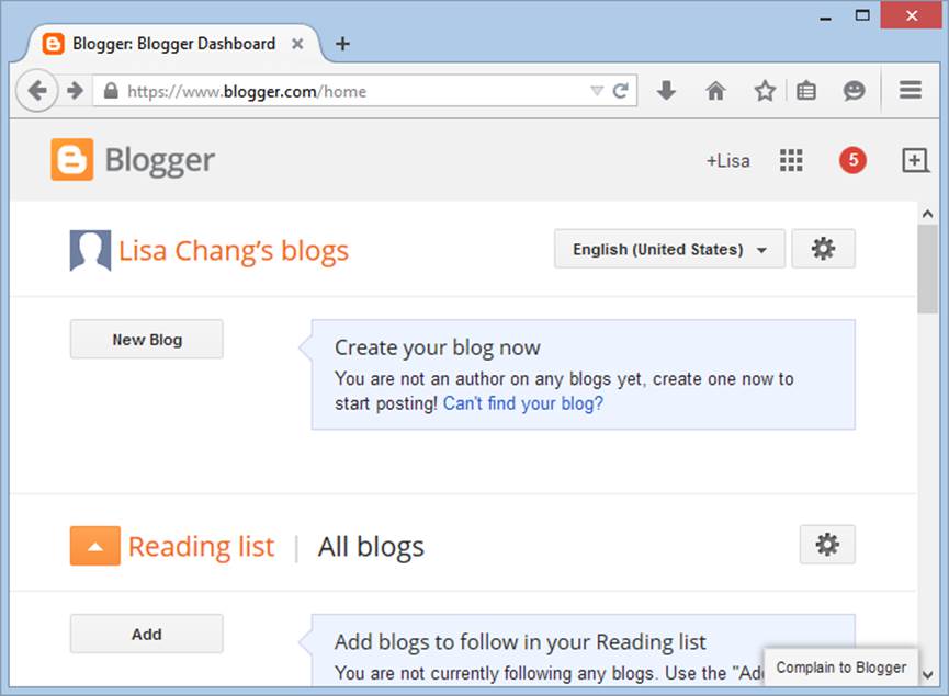 The Blogger dashboard lists all the blogs you’ve created (right now, you’ve got none). Underneath that, in the “Reading list” section, Blogger lists all the blogs you’ve asked it to follow
