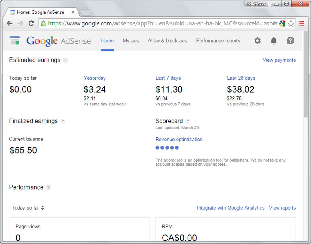 Use the tabs at the top of the AdSense window to switch to another page. Initially, you begin on the Home tab, where you configure your AdSense account and review the money you’ve made so far