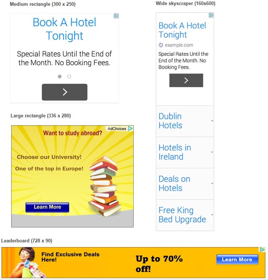 Ads come in a variety of shapes and sizes, from squares to vertical and horizontal strips. That means you can always find an ad design to fit your layout. Here are two text ads (“Book a Hotel Tonight”) and two display ads, out of the many orientations and sizes available