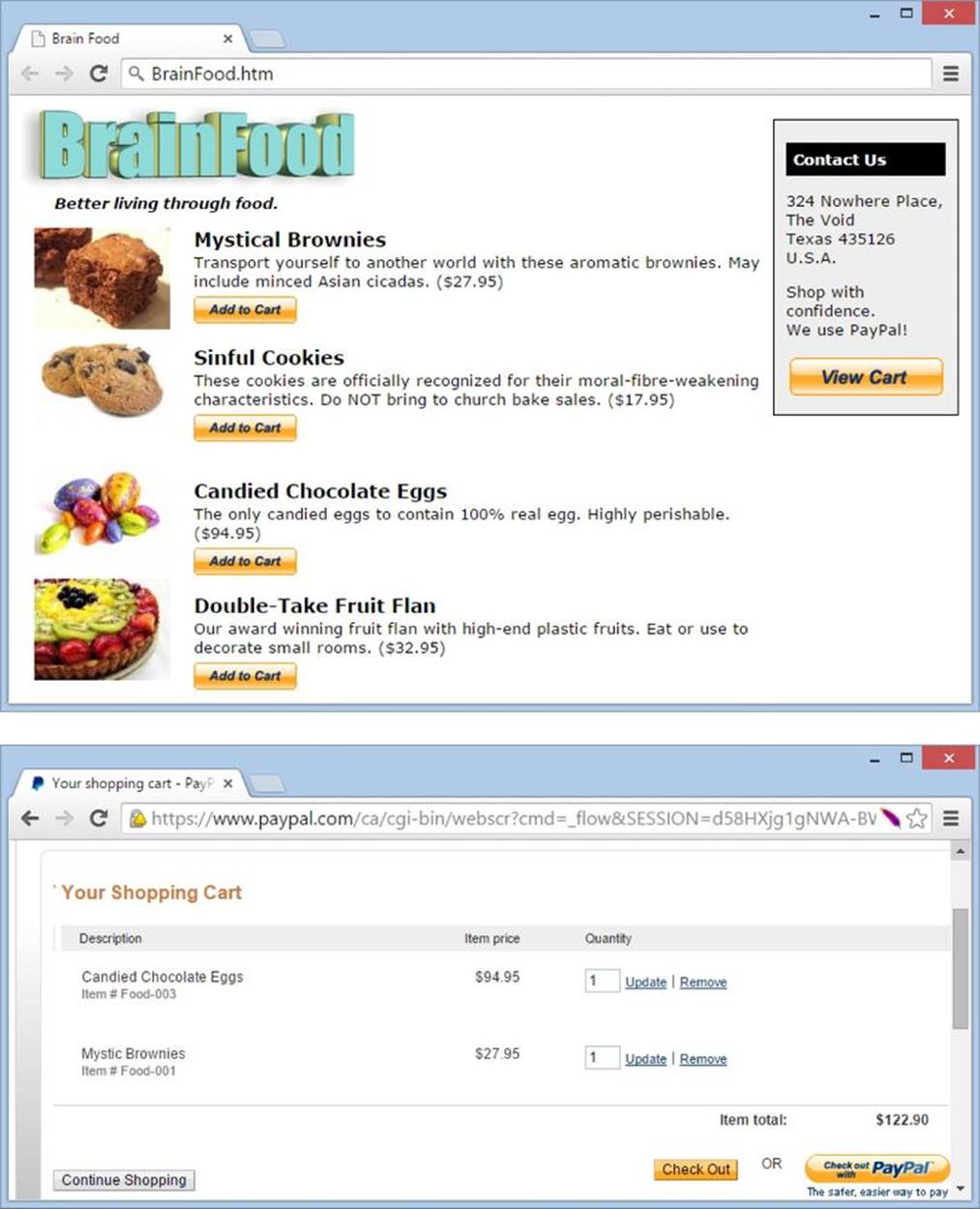 Top: Here’s the revised BrainFood page, with shopping cart buttons.Bottom: After clicking a few “Add to Cart” buttons, here’s the shopping cart page your visitors will see (in a separate window). All they need to do is click Check Out to complete a purchase