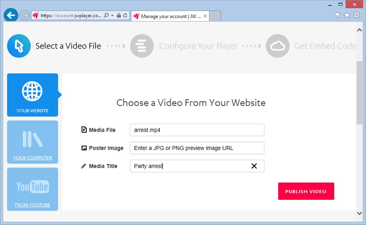 In this example, you’re about to create the markup for a JW Player-powered video window. The player will show the arrest.mp4 video that’s on your site