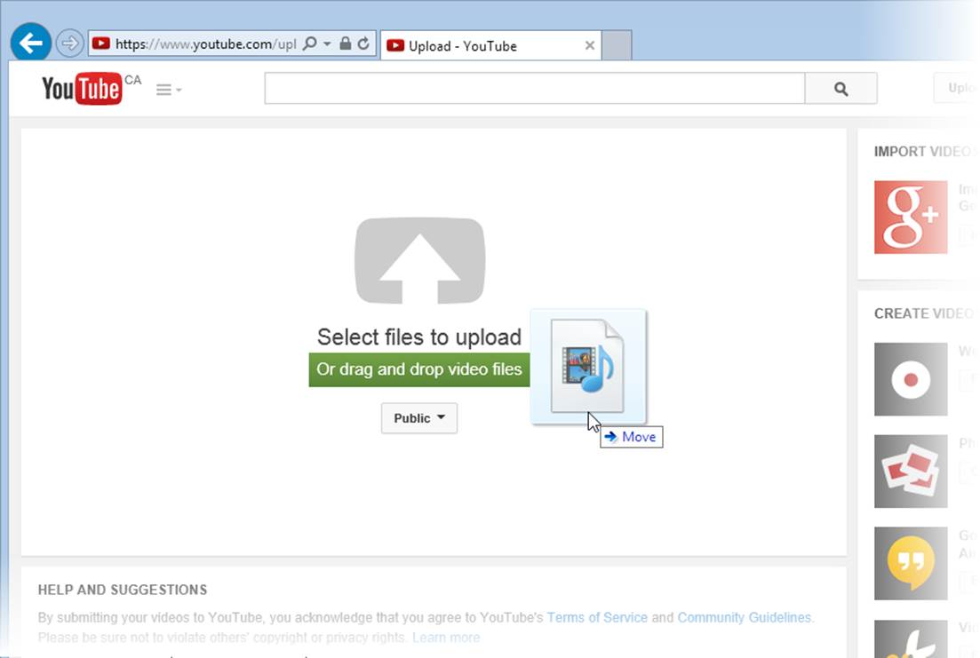 To get started with YouTube, you need to drop a video file in the big white box (or click the big arrow in the middle)