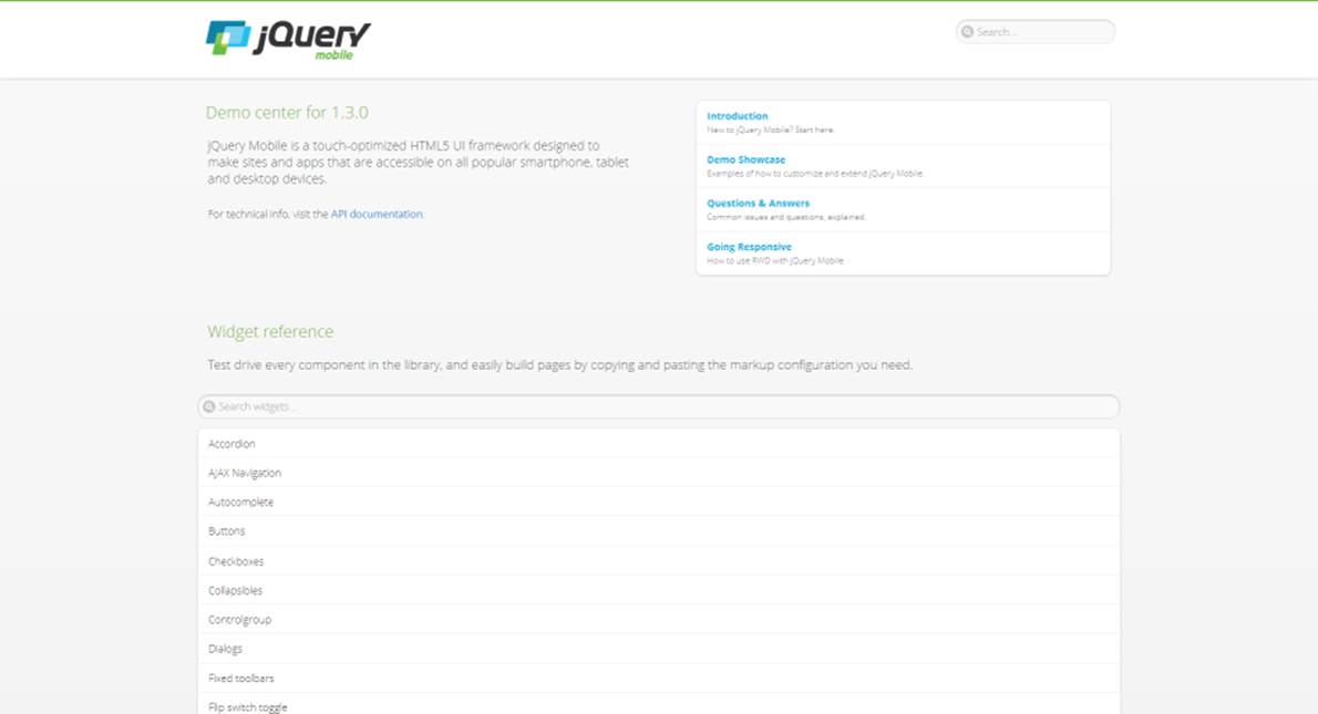 Desktop view of the jQuery Mobile API and Docs application