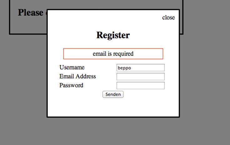 The view for signup is a custom modal view and handles errors from the validation of the UserModel