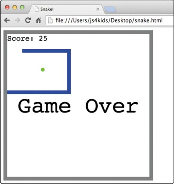 The “Game Over” screen, after the snake has hit the left wall