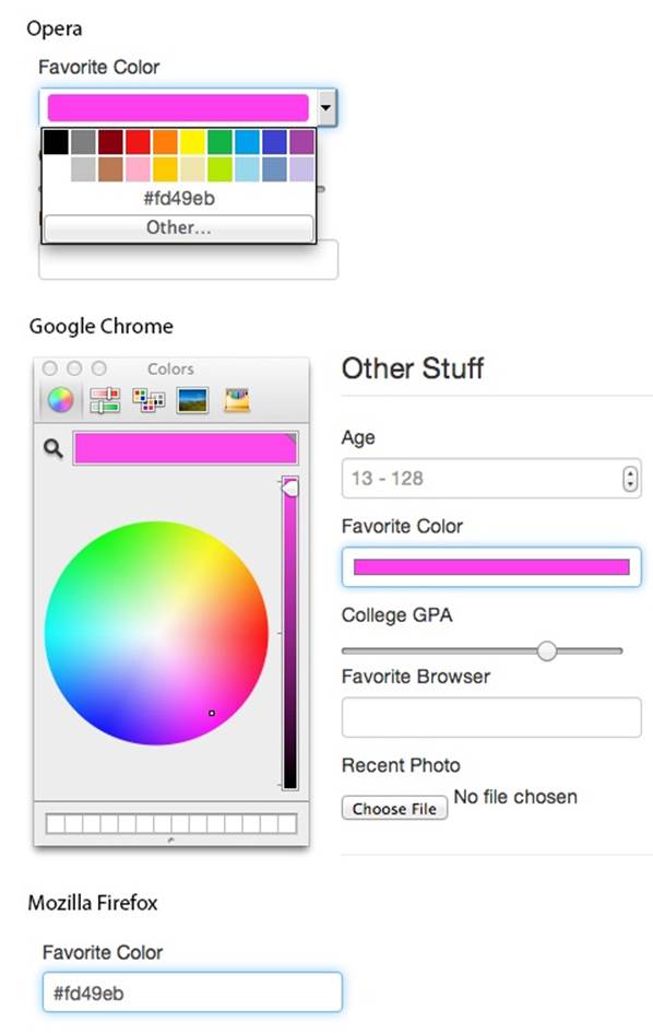Color inputs viewed in Opera, Chrome, and Firefox