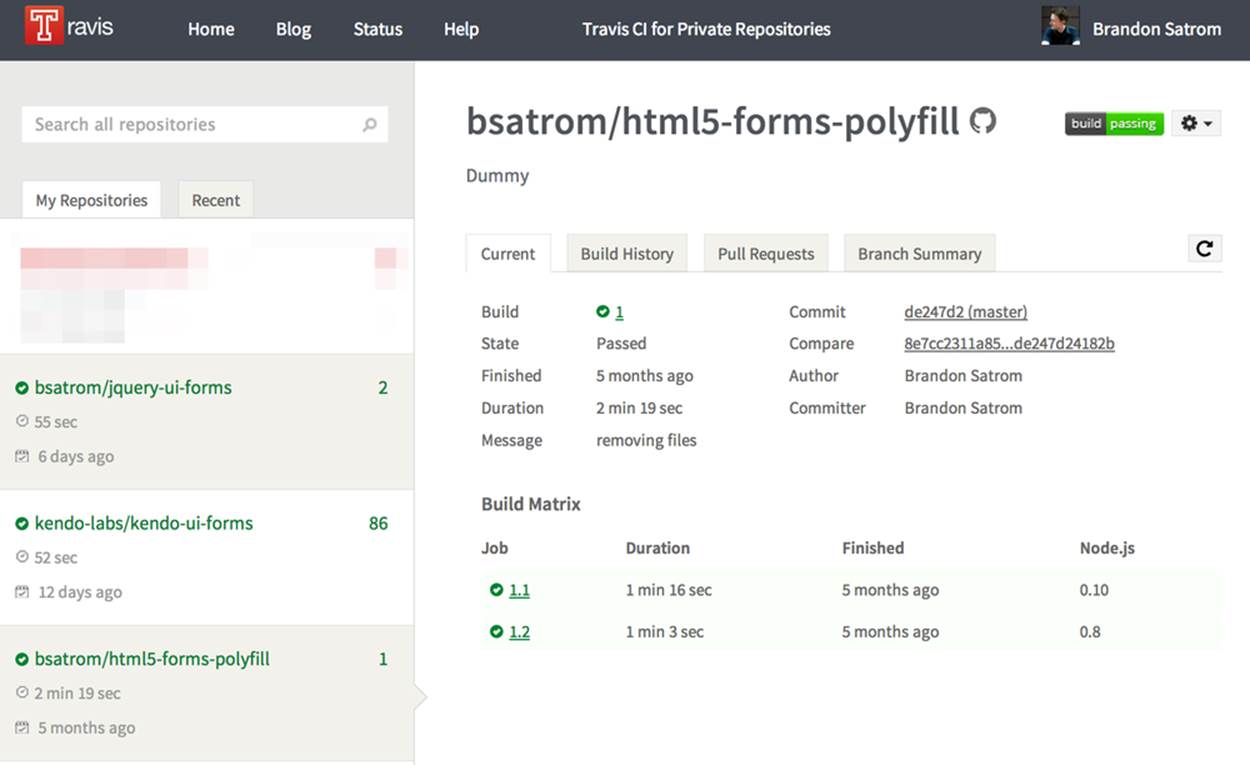The Travis dashboard with test results for our polyfill