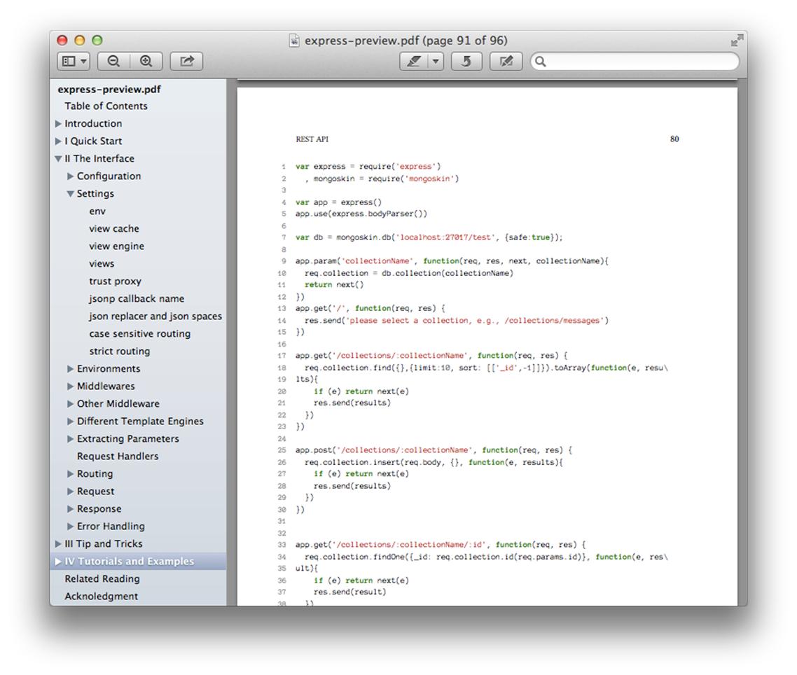 The Table of Contents pane in the Mac OS X Preview app.