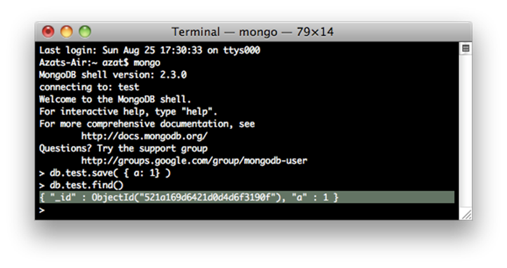 Running MongoDB client and storing sample data.