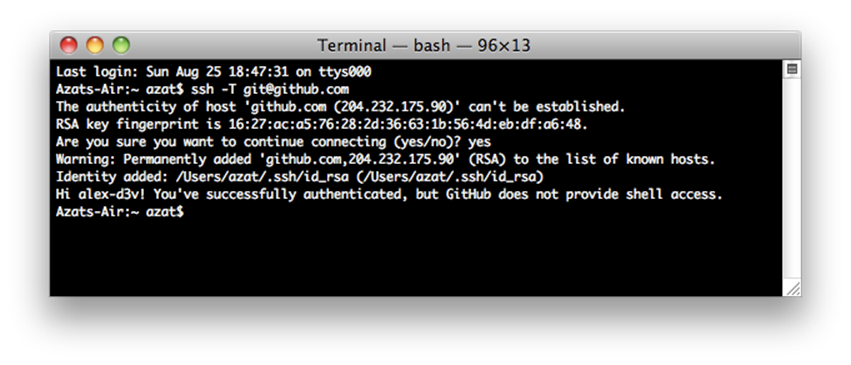 Testing SSH connection to GitHub for the very first time.