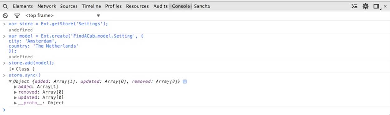 The result in your browser dev console after adding and syncing a record to the store
