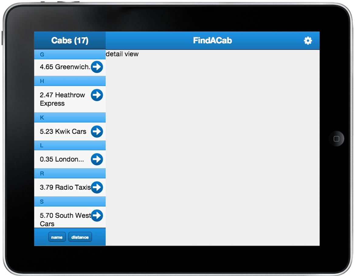 Your FindACab app should look like this after you implement the list component