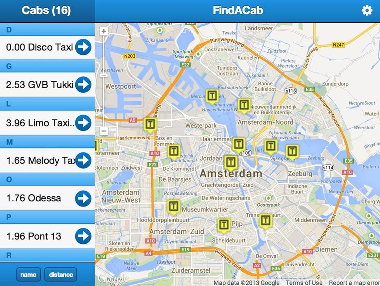 After we implement the Google Map, the FindACab app looks like this