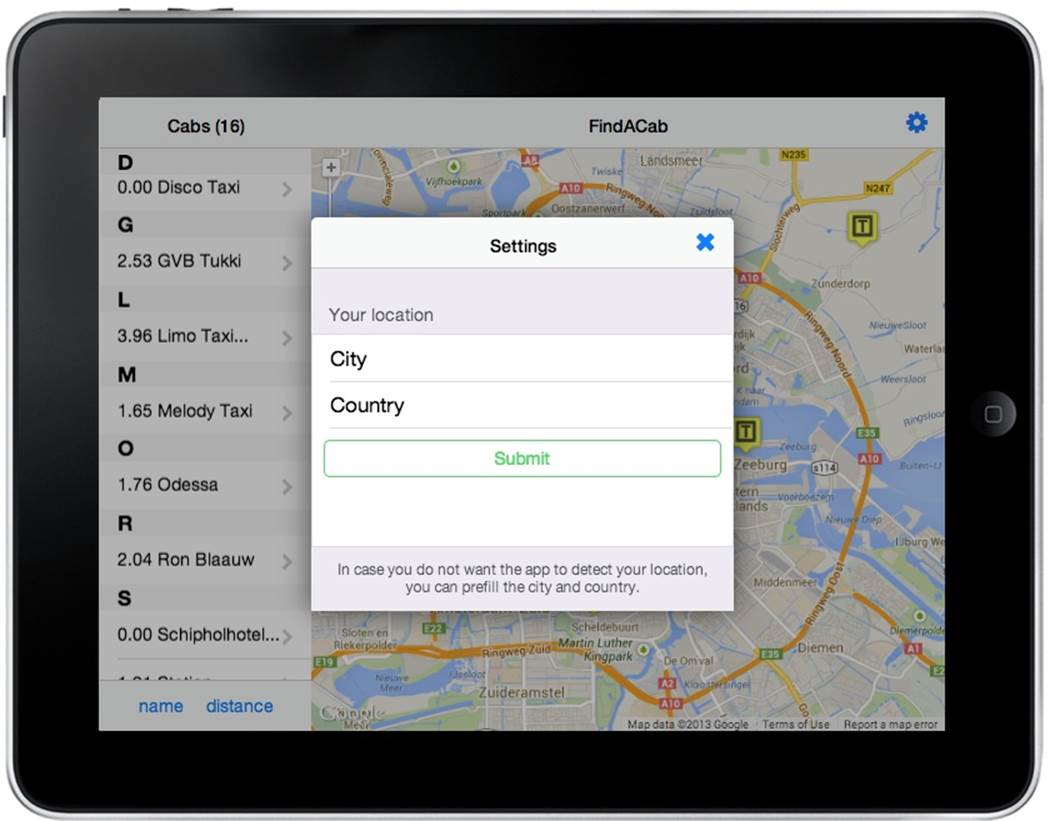 How the FindACab app looks on an iOS 7 iPad