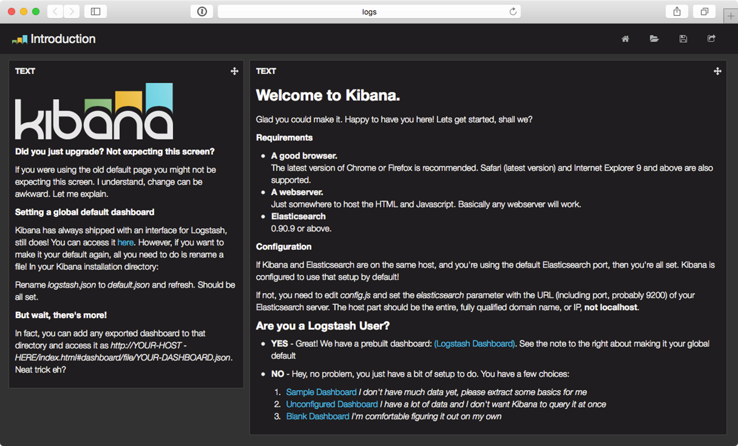 Kibana's default homepage