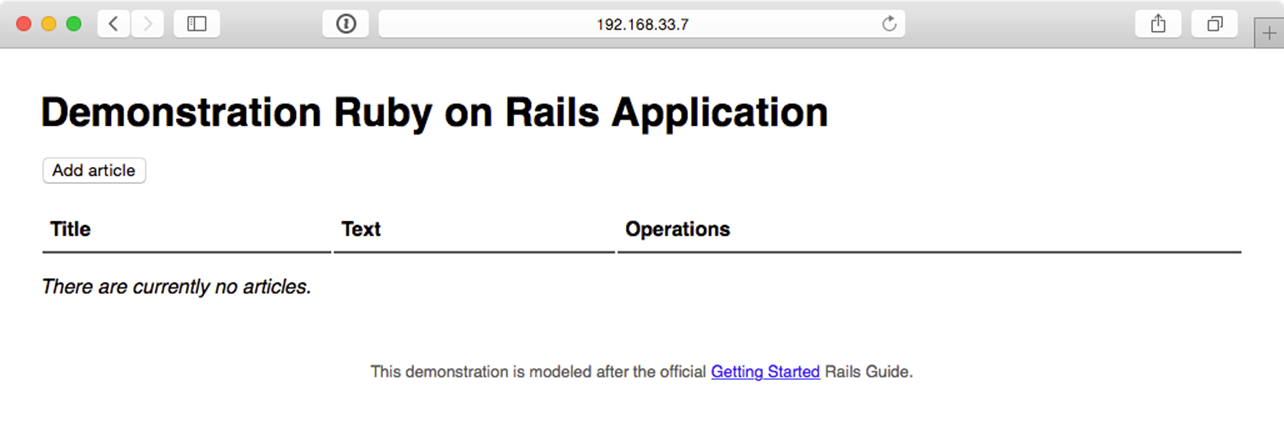 Demonstration Rails app running successfully