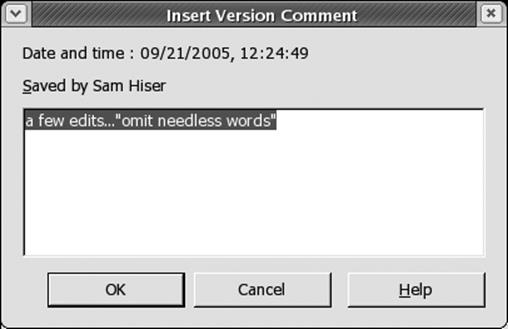 The Insert Version Comment window
