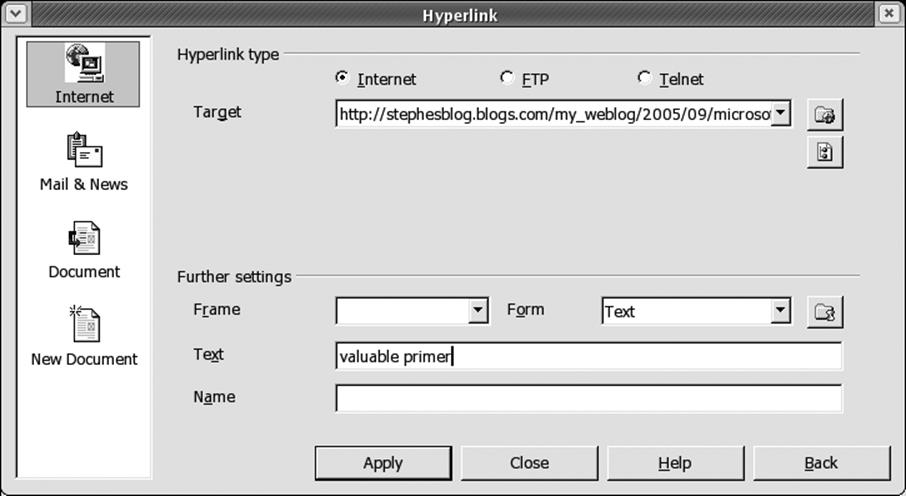 Inserting a hyperlink