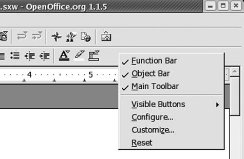 The context menu for configuring toolbars