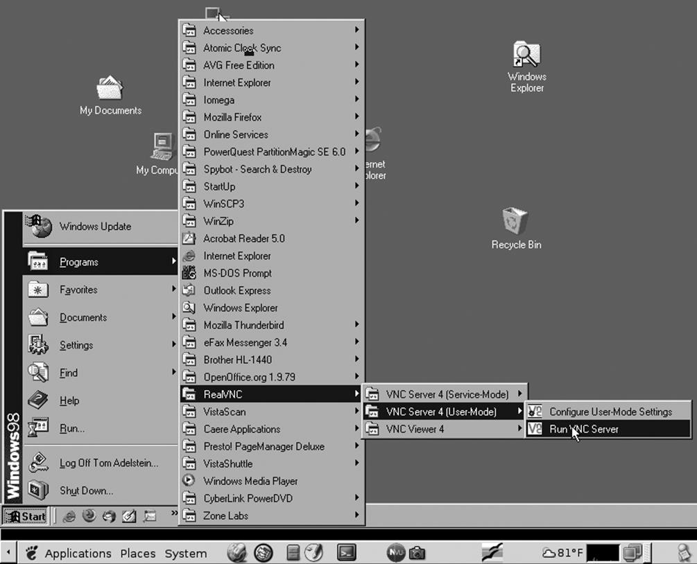 Launching WinVNC Server from the RealVNC group in the Start menu