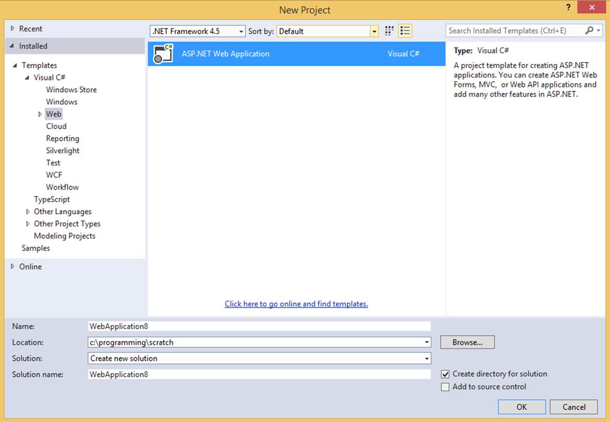 MVC 4 Web Application project in the Visual Studio 2012 New Project dialog