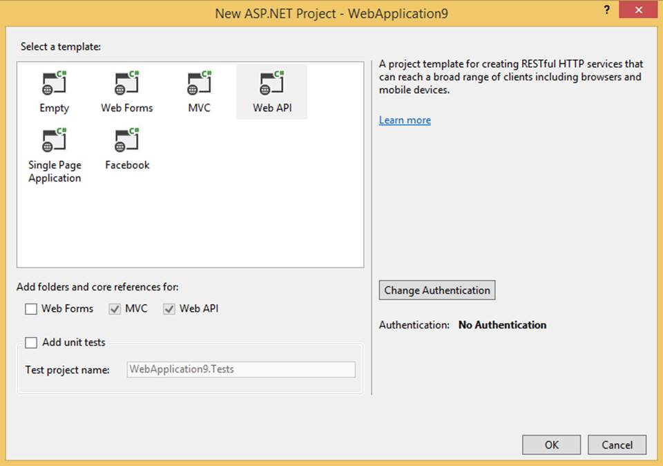 Web API project type in the MVC 4 New Project dialog