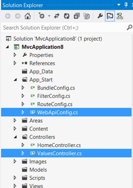 WebApiConfig.cs and ValuesController.cs within the Visual Studio 2013 Solution Explorer
