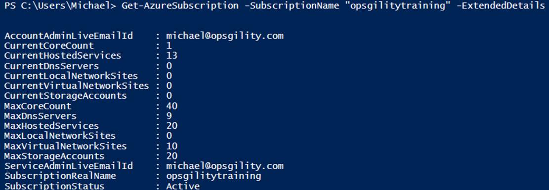 Viewing quota information with Get-AzureSubscription