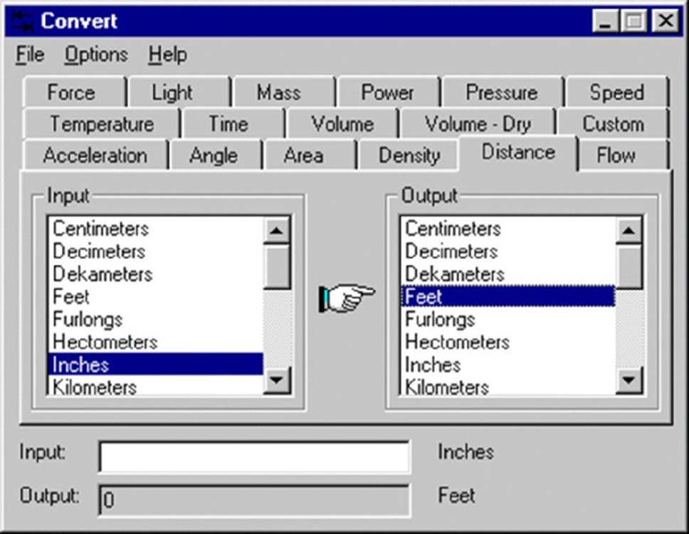 Dialog box titled convert shows the distance tab selected. The input is selected as inches and the output as feet. Text boxes for input and output are displayed.