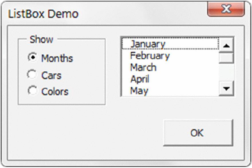 Screenshot shows a dialog box with title listbox demo and radio buttons for months, cars, and colors on left column, where month is selected and names of months are listed in the right column.