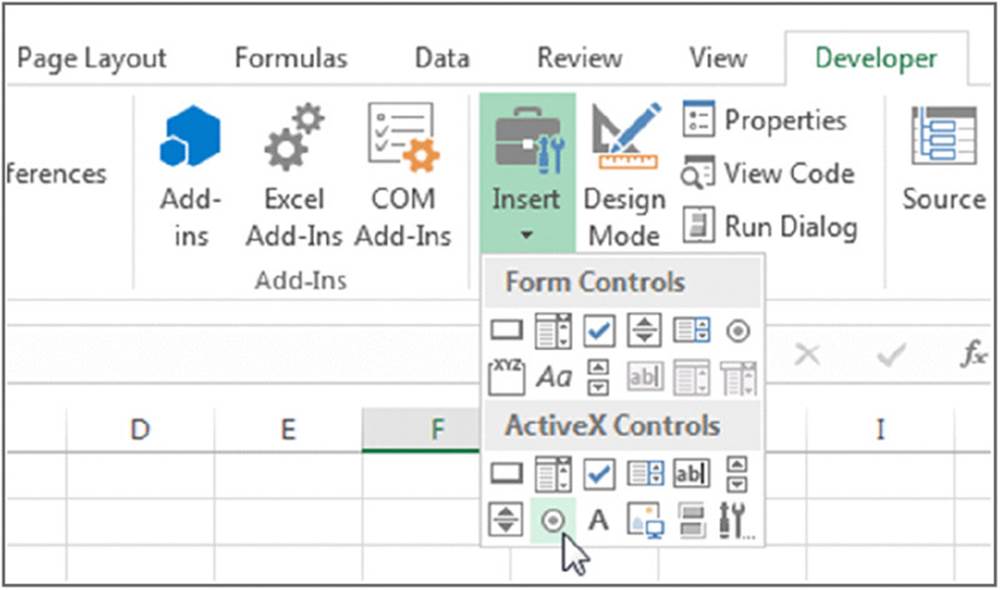 Screenshot shows the available form controls and activeX controls when the insert command is selected from the developer tab in an excel sheet.