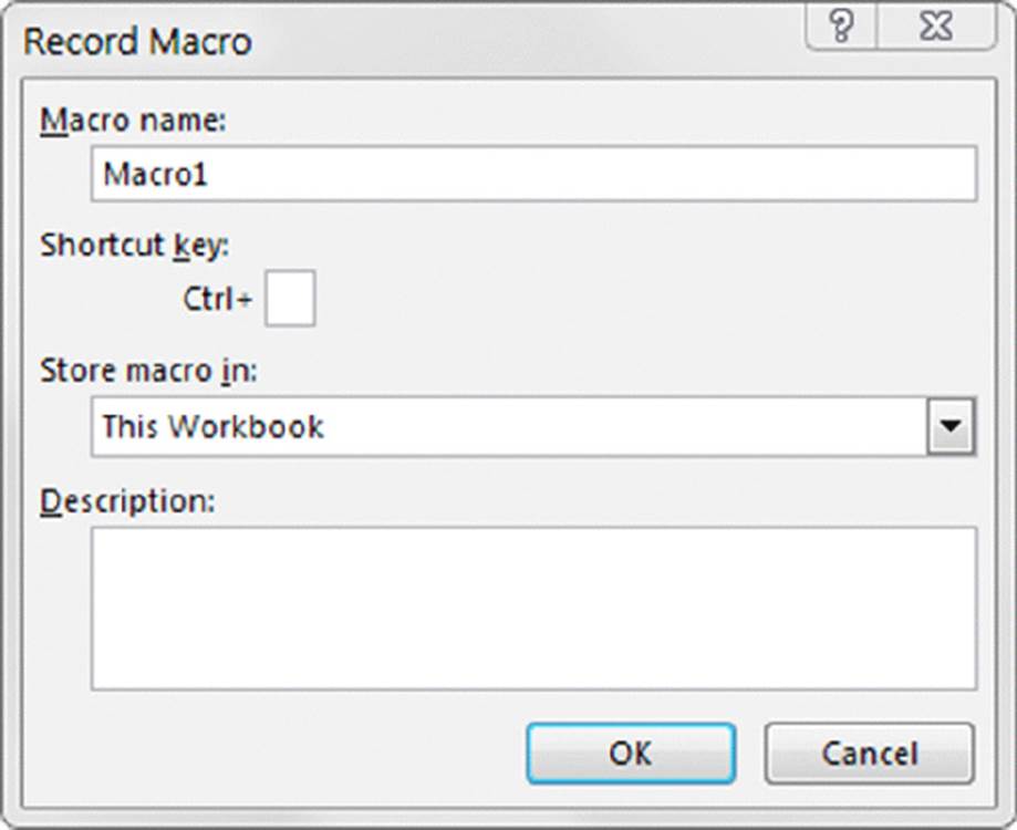 Screenshot shows the record macro dialog box, text fields for macro name, shortcut key and description, and selection box for store macro in, OK and cancel buttons.