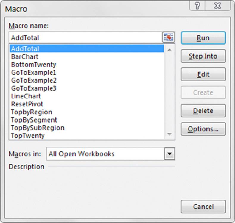 Screenshot shows a dialog box that contains the macros available, selection box for macros folder, description, buttons for run, step into, edit, create, delete, options, and cancel.