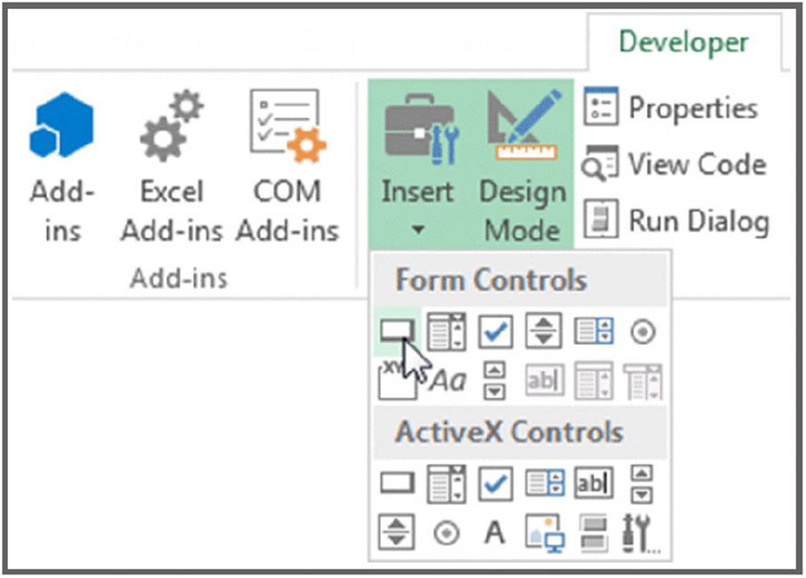 Screenshot shows the available form controls and activeX controls when the design mode insert command is selected from the developer tab.