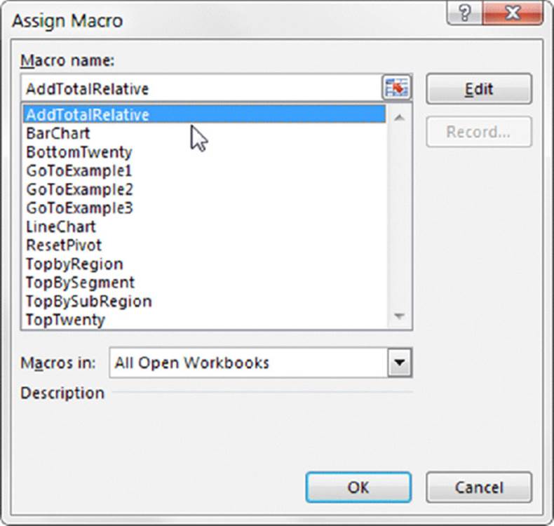 Screenshot shows a dialog box titled assign macro which includes drop-down box containing the macros available, selection box for macros folder, description, buttons for edit, record, OK, and cancel.