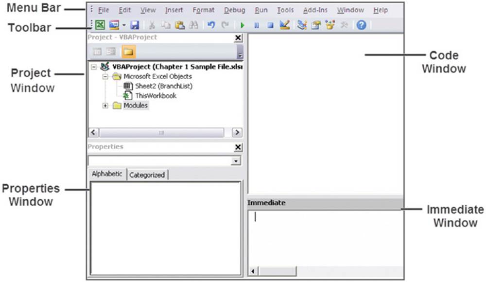 Screenshot shows menu bar and toolbar on top, project window and properties window on left column, code window and immediate window on right column.
