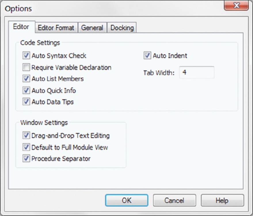 Screenshot shows code settings such as auto syntax check, auto quick info et cetera and window settings such as drag and drop text editing, default to full module view, and procedure separator.