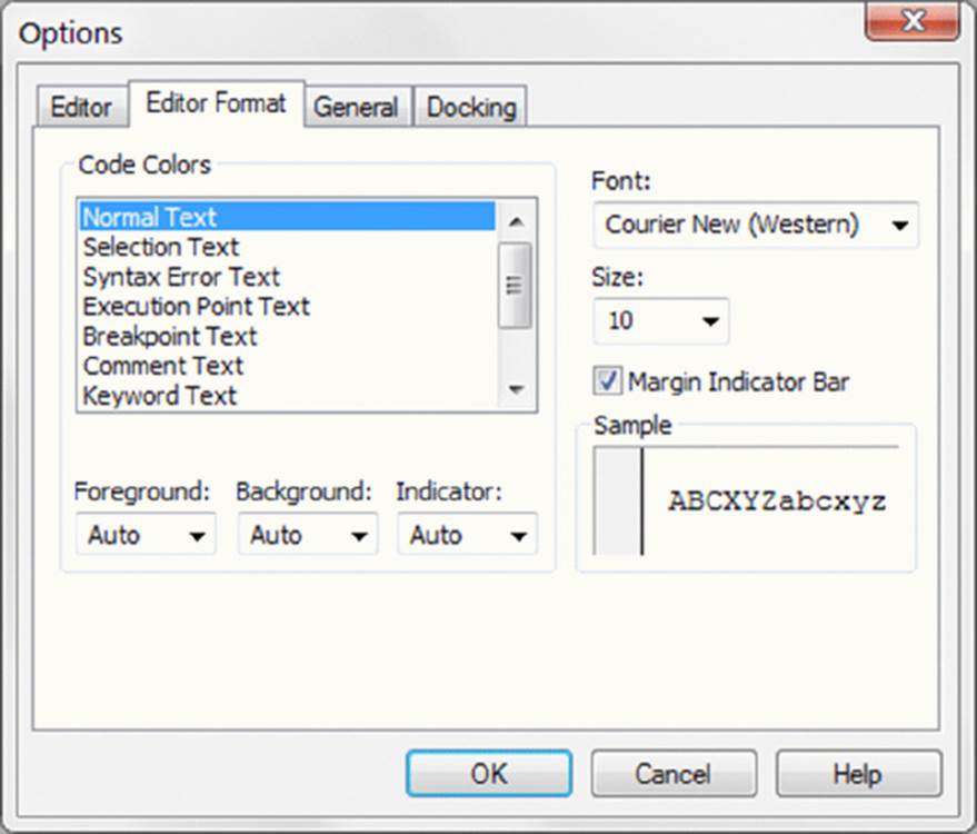 Screenshot shows code color selection box, drop down boxes for selecting foreground, background, indicator, font type and size, check box for margin indicator bar, sample text, OK, cancel and help buttons.