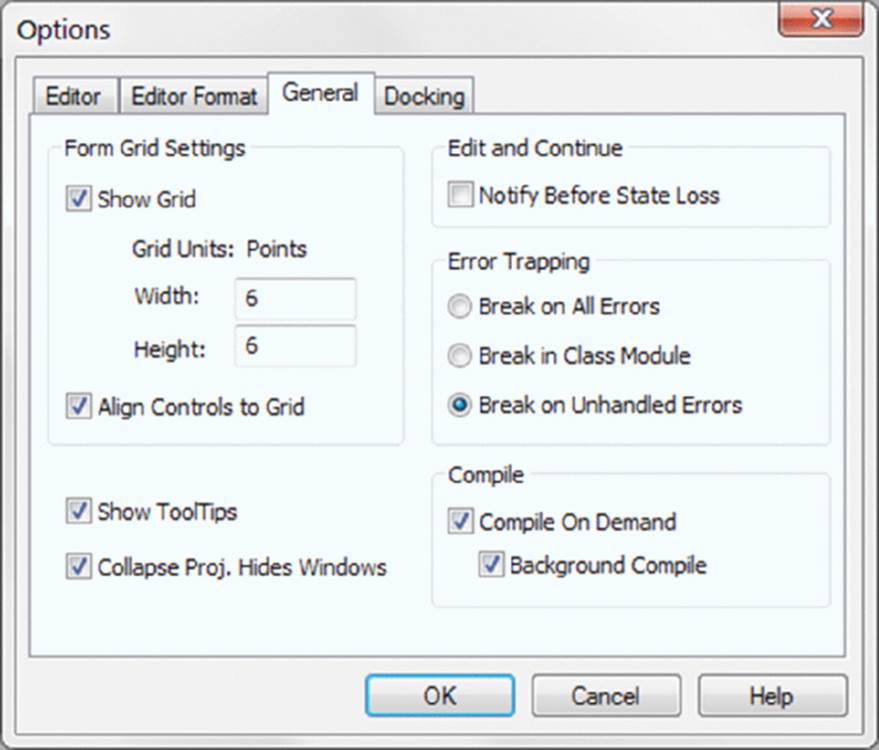 Screenshot shows form grid settings such as grid units, width, height, show grid, align controls to grid check boxes, error trapping, edit and continue, compile options, show tool tips, and hide windows checkboxes.