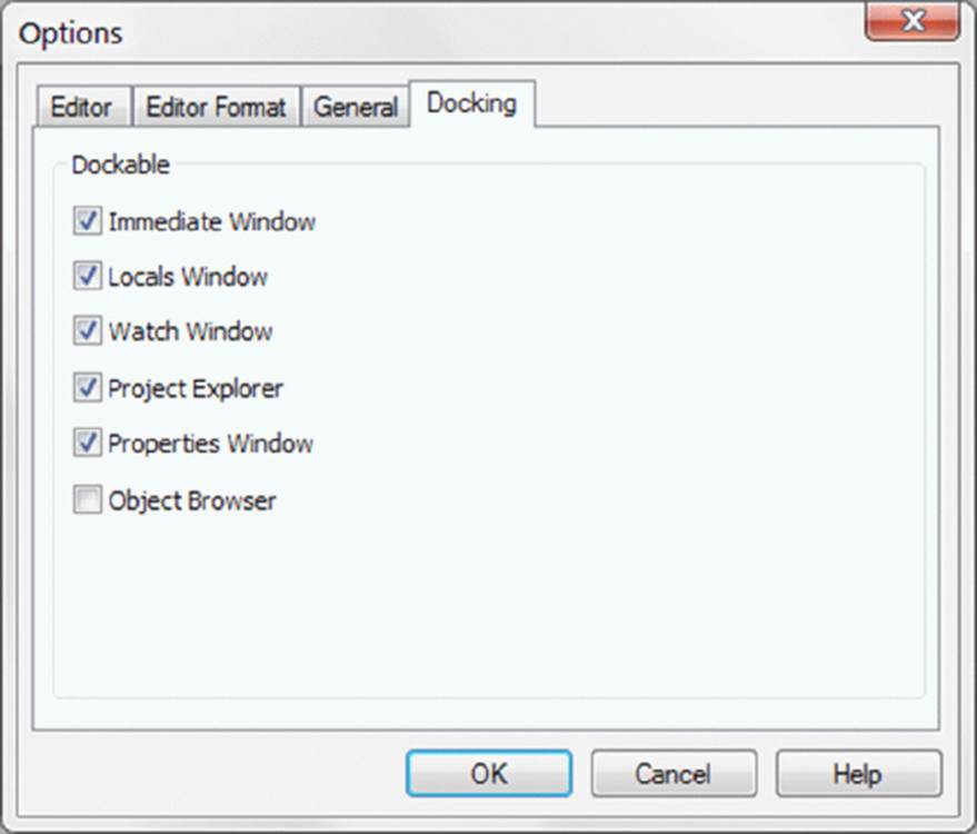 Screenshot shows checkboxes for immediate window, locals window, watch window, project explorer, properties window, object browser and OK, help, and cancel buttons. Object browser is unmarked.