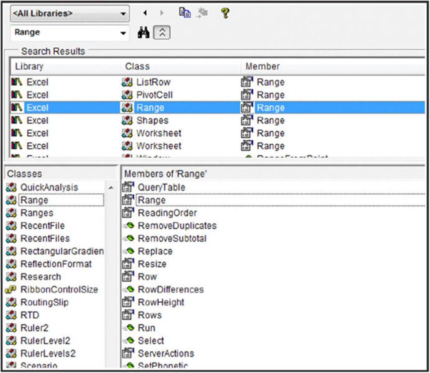 Screenshot shows search results that include 3 columns; excel, class, and member on top and lists of classes and members of the selected class at bottom. The selected class is range.